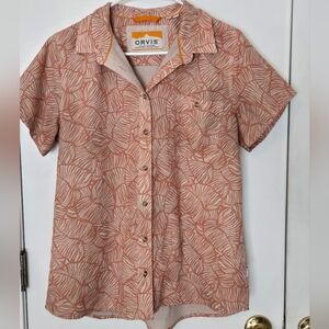 Orvis Tech Work Shirt Women's Button Down Short Sleeve Orange Leaf NWOT Size L